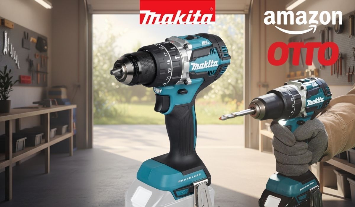 Der Makita DHP484Z Akkubohrschrauber vor einem Werkstatthintergrund.