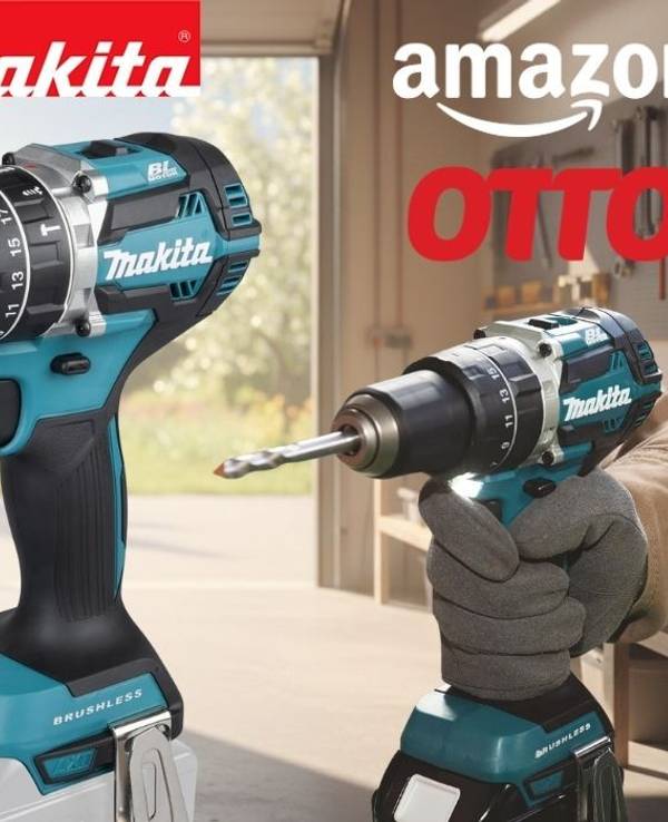 Der Makita DHP484Z Akkubohrschrauber vor einem Werkstatthintergrund.