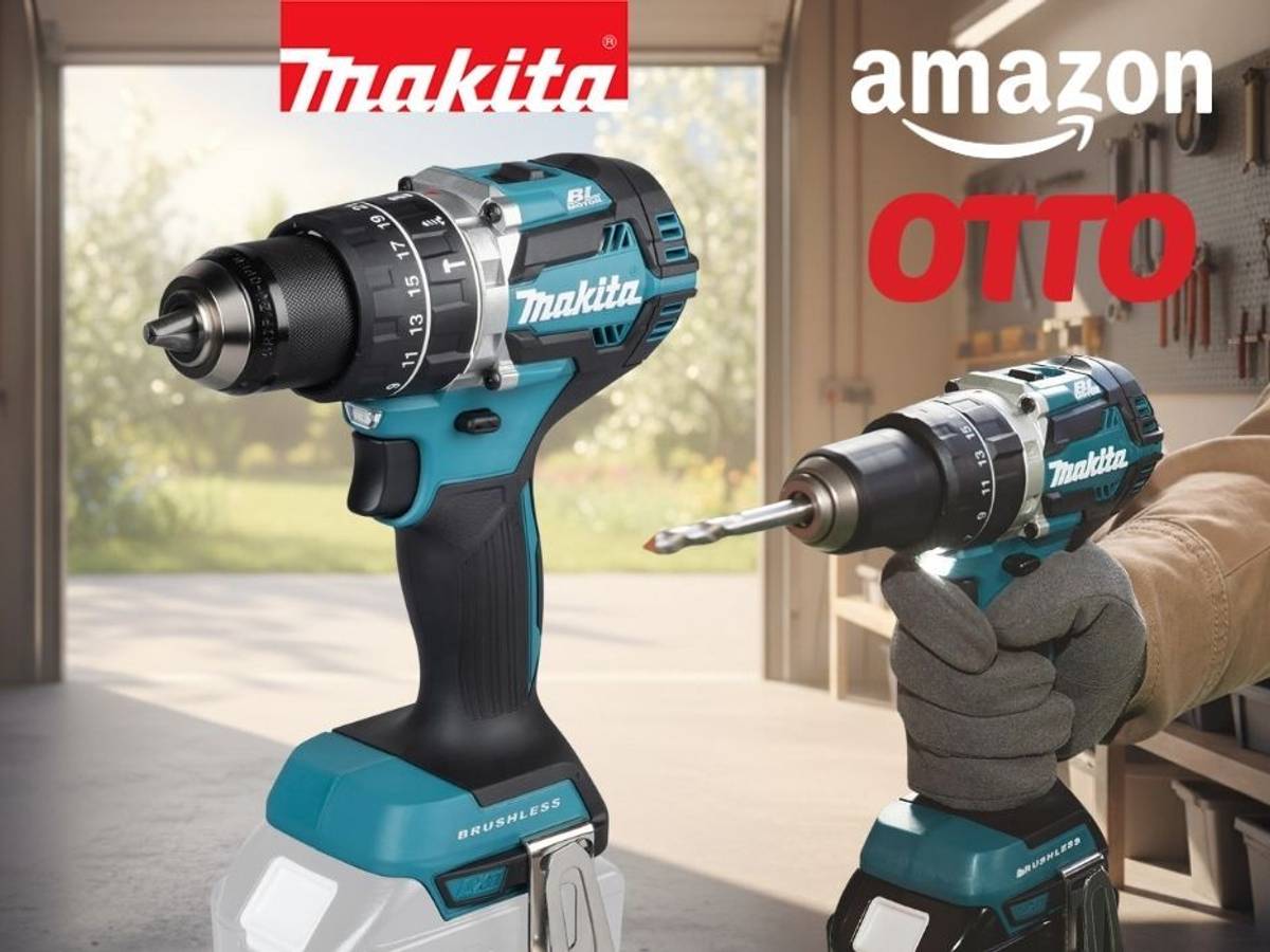 Der Makita DHP484Z Akkubohrschrauber vor einem Werkstatthintergrund.