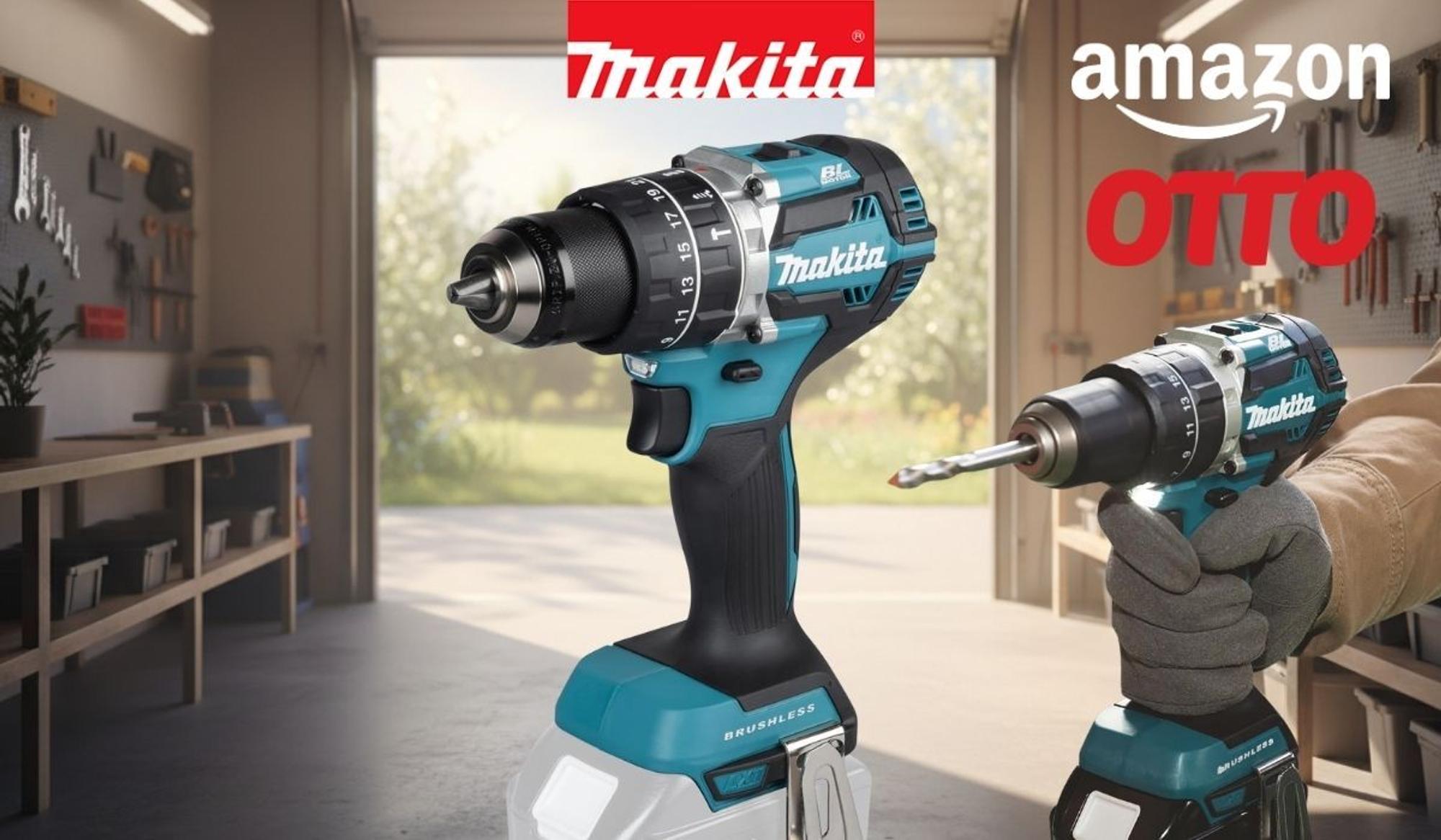 Der Makita DHP484Z Akkubohrschrauber vor einem Werkstatthintergrund.