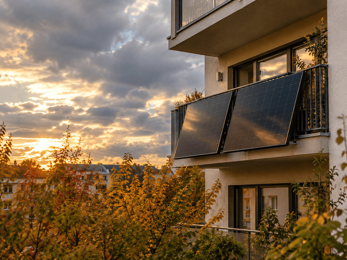 Mehrstöckiges Wohnhaus im Herbst mit zwei schwarzen Solarmodulen außen an der Balkonbrüstung, darüber ein bewölkter Himmel mit goldenen Sonnenstrahlen zwischen den Wolken, im Vordergrund bunte Herbstbäume