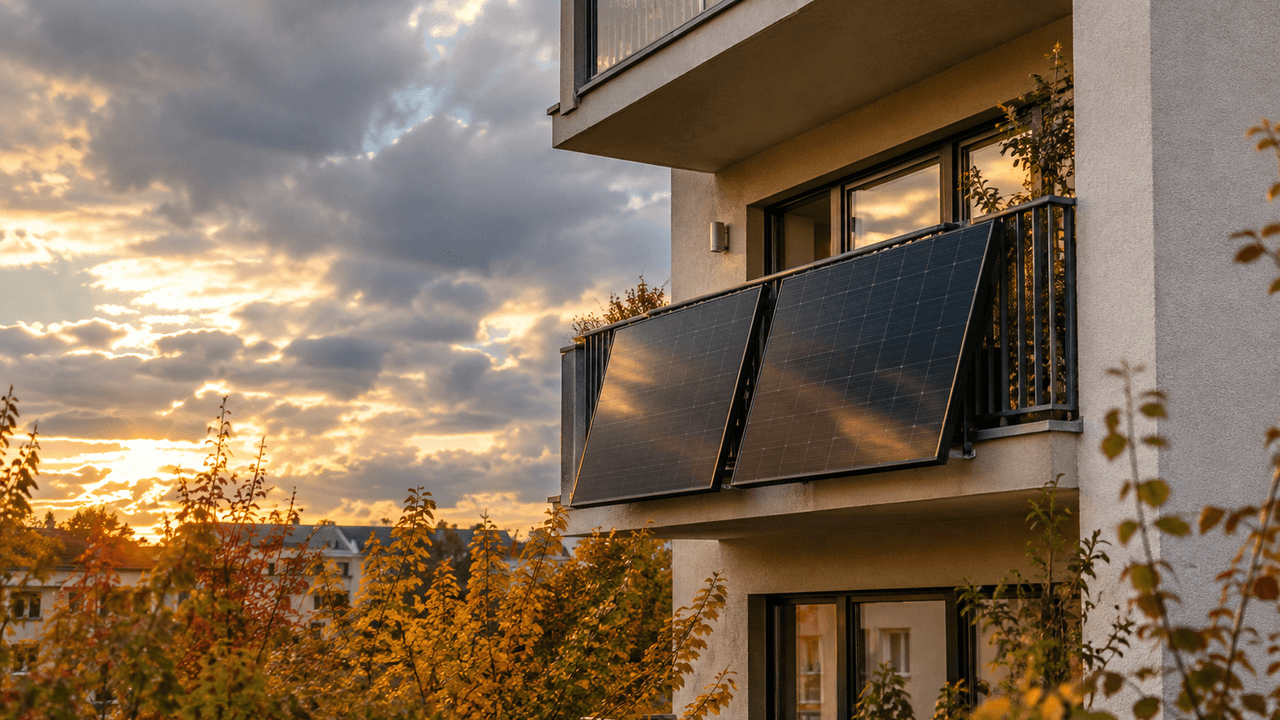 Mehrstöckiges Wohnhaus im Herbst mit zwei schwarzen Solarmodulen außen an der Balkonbrüstung, darüber ein bewölkter Himmel mit goldenen Sonnenstrahlen zwischen den Wolken, im Vordergrund bunte Herbstbäume