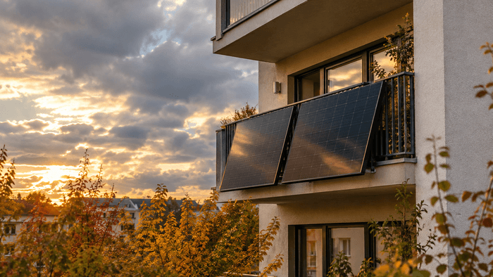 Mehrstöckiges Wohnhaus im Herbst mit zwei schwarzen Solarmodulen außen an der Balkonbrüstung, darüber ein bewölkter Himmel mit goldenen Sonnenstrahlen zwischen den Wolken, im Vordergrund bunte Herbstbäume