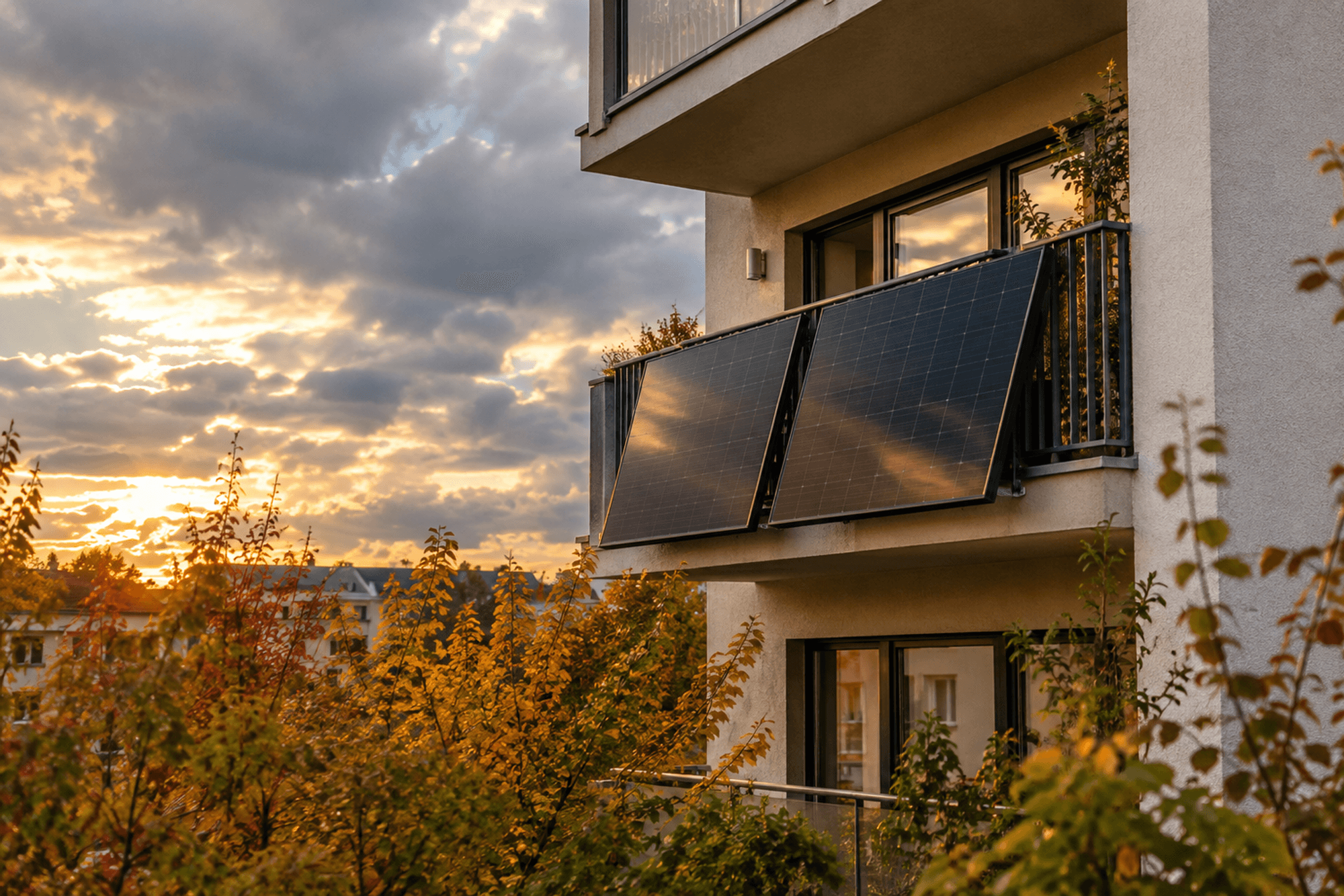 Mehrstöckiges Wohnhaus im Herbst mit zwei schwarzen Solarmodulen außen an der Balkonbrüstung, darüber ein bewölkter Himmel mit goldenen Sonnenstrahlen zwischen den Wolken, im Vordergrund bunte Herbstbäume
