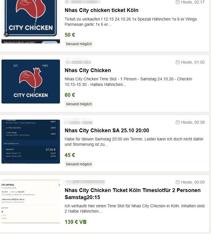 Ein Screenshot von Kleinanzeigen zeigt Preise für Timeslots bei Nhas City Chicken in Köln.