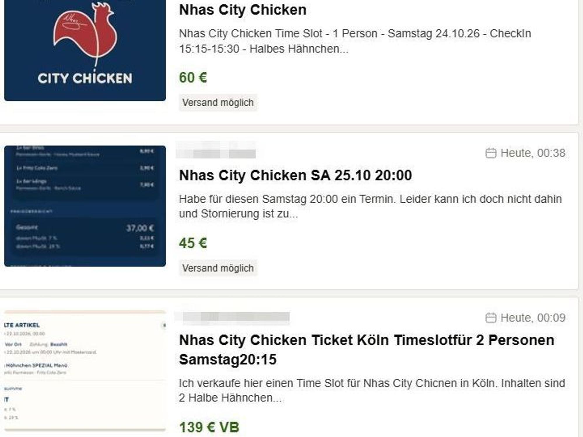 Ein Screenshot von Kleinanzeigen zeigt Preise für Timeslots bei Nhas City Chicken in Köln.