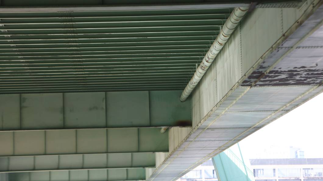 Blick auf die Severinsbrücke von unten, hier im Frühjahr.
