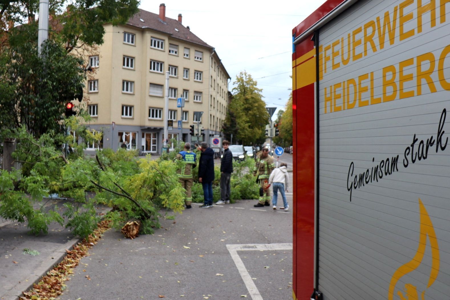 Ein Einsatzfahrzeug der Heidelberger Feuerwehr steht neben einem umgestürzten Baum. Dem Deutschen Wetterdienst (DWD) zufolge brachte Sturmtief „Luise“ (internationaler Name: „Austen“) Teilen Deutschlands eine windige bis stürmische Nacht.