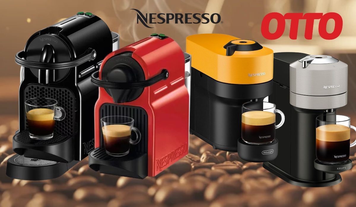 Mehrere Nespresso-Kaffeemaschinen von DeLonghi und Krups in verschiedenen Farben (weiß, schwarz, rot) und Modellen (Inissia, Vertuo Next) vor einem Hintergrund mit Kaffeebohnen.