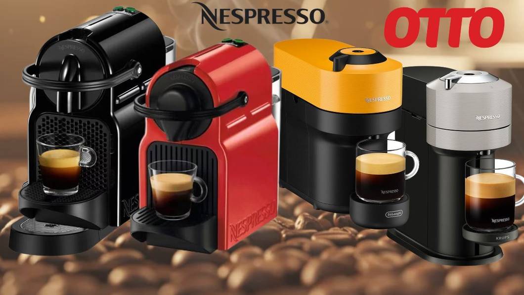 Mehrere Nespresso-Kaffeemaschinen von DeLonghi und Krups in verschiedenen Farben (weiß, schwarz, rot) und Modellen (Inissia, Vertuo Next) vor einem Hintergrund mit Kaffeebohnen.