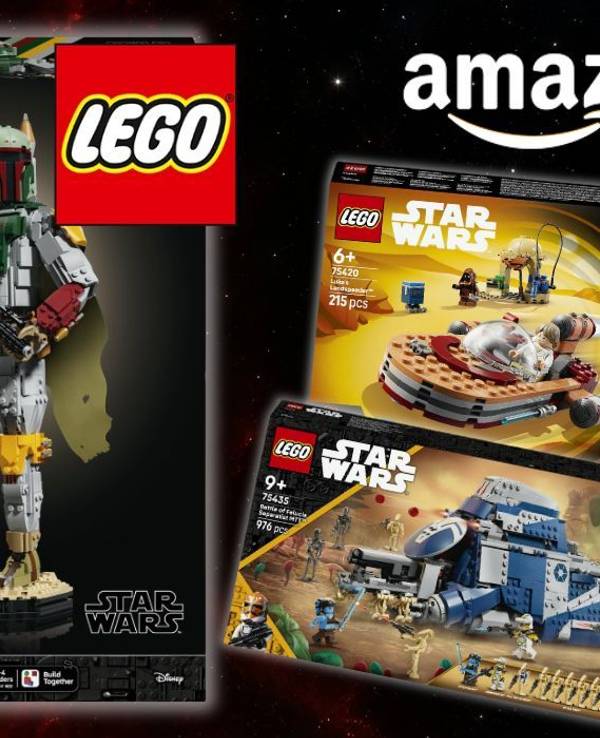 Lego Boba Fett 75455, Millennium Falcon, Lukes Landspeeder vor Weltraumhintergrund.