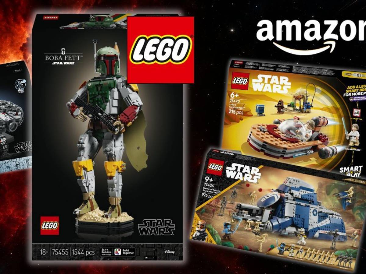 Lego Boba Fett 75455, Millennium Falcon, Lukes Landspeeder vor Weltraumhintergrund.