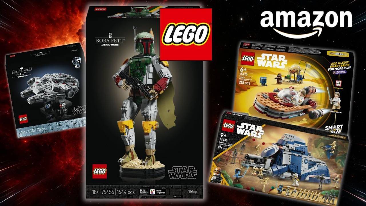 Lego Boba Fett 75455, Millennium Falcon, Lukes Landspeeder vor Weltraumhintergrund.