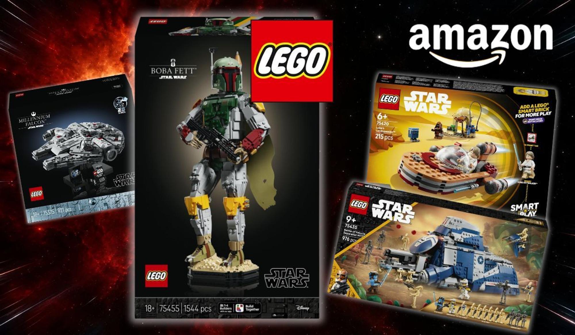 Lego Boba Fett 75455, Millennium Falcon, Lukes Landspeeder vor Weltraumhintergrund.