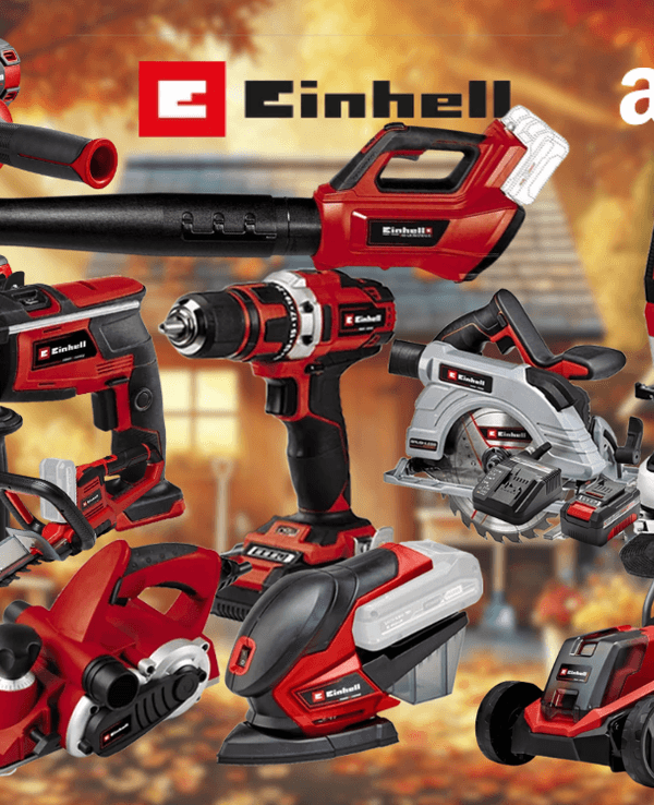 Rote Einhell-Geräte – darunter Akkubohrschrauber, Multischleifer, Winkelschleifer, Stichsäge, Kreissäge, Rasenmäher und Rasentrimmer – vor einem hellblauen Stahlhintergrund.
