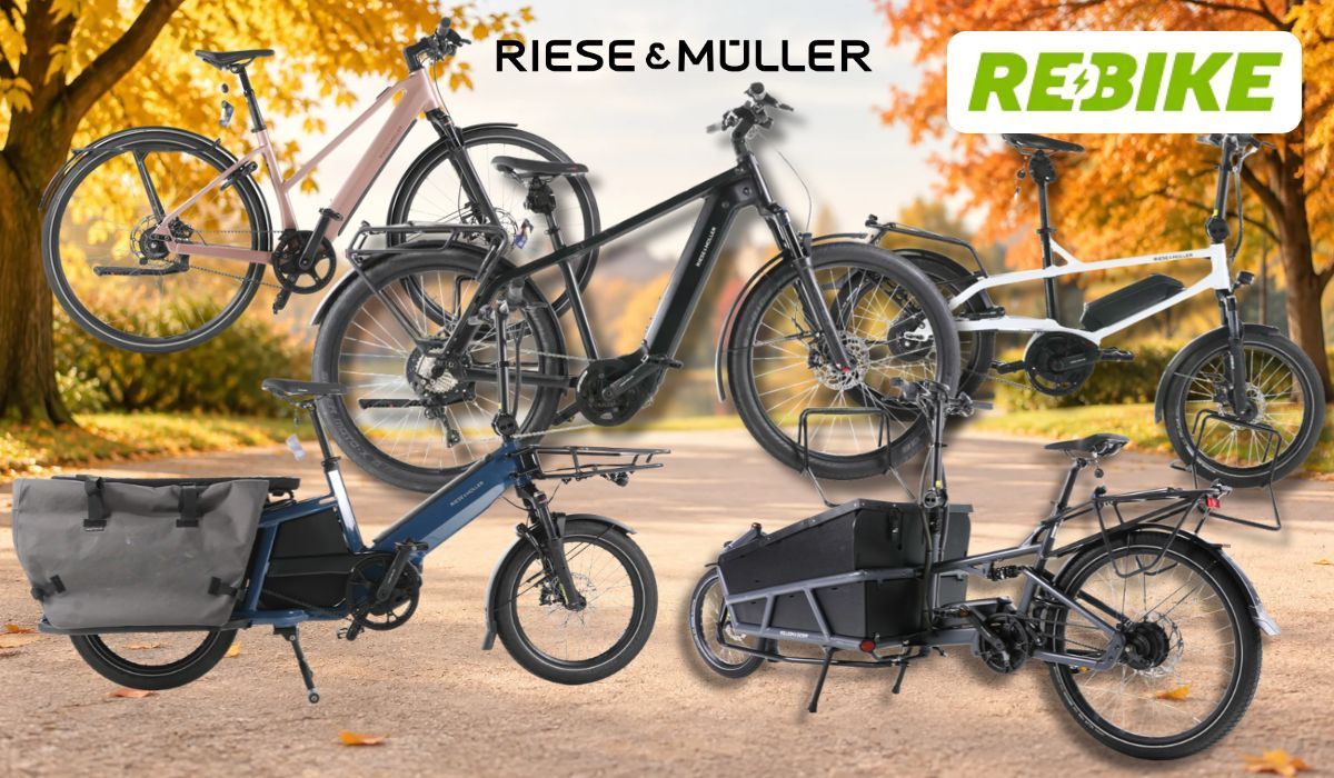 Riese & Müller E-Bikes vor Herbsthintergrund im Park.