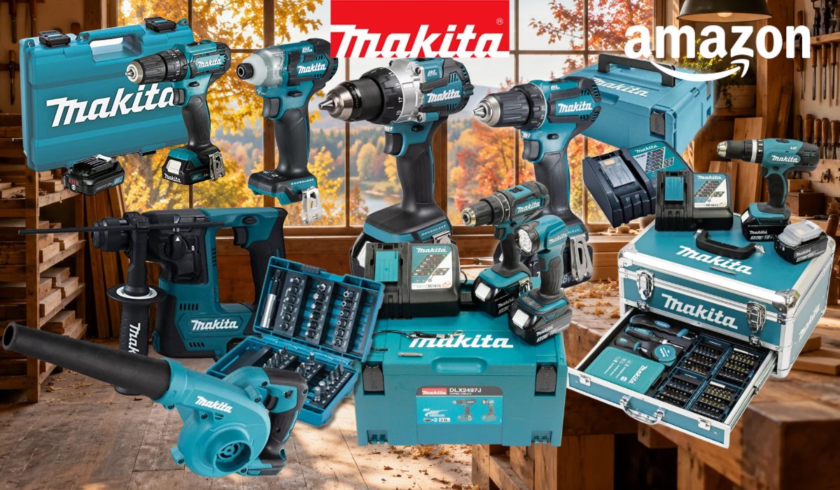 Makita-Werkzeug und Akkuschrauber vor einem Werkstatthintergrund.