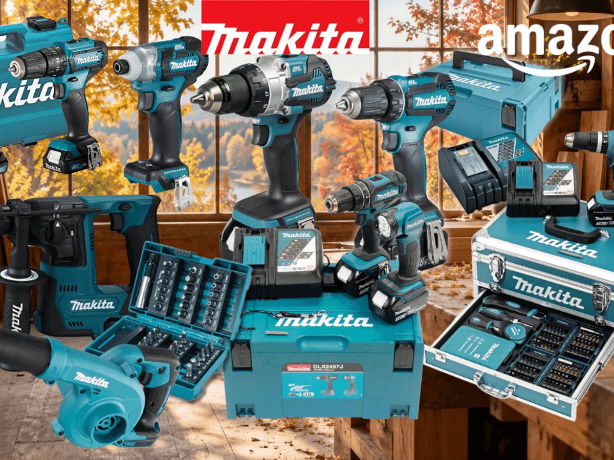 Makita-Werkzeug und Akkuschrauber vor einem Werkstatthintergrund.