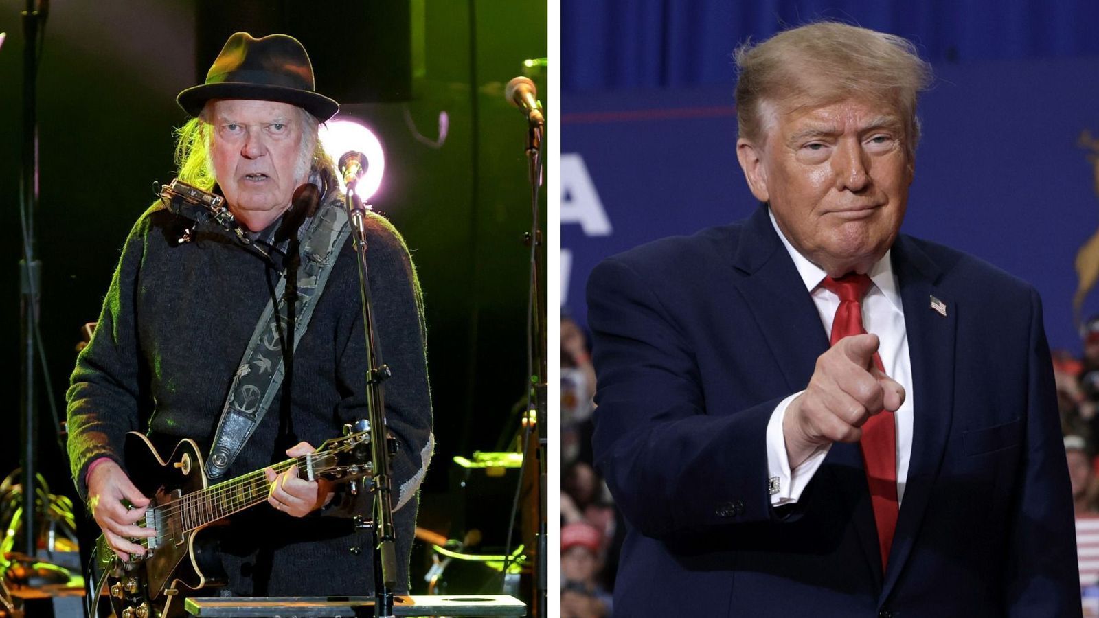 Neil Young (links) hat Klage gegen das Wahlkampfkomitee von US-Präsident Donald Trump eingereicht. (Bild: Getty Images / Winter / Wong (Collage))