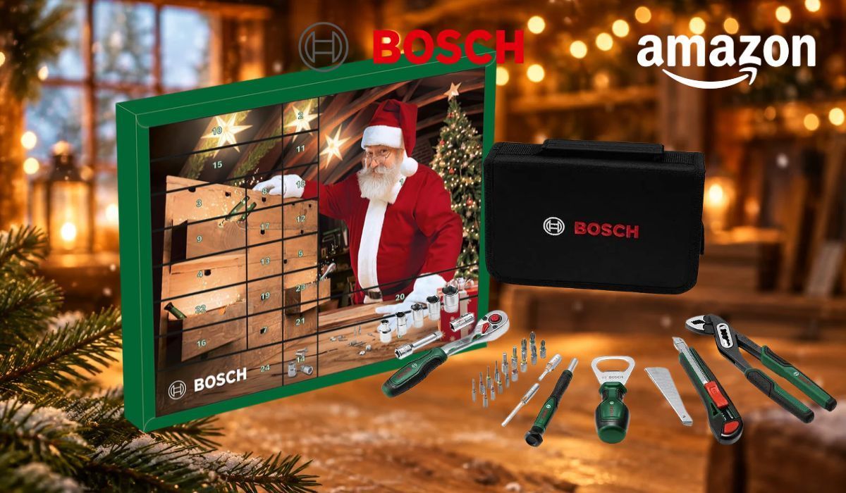 Bosch Adventskalender 2026 in Grün mit Weihnachtsmann an einer Werkbank, davor Aufbewahrungstasche, Ratsche, Bits, Präzisions-Schraubendreher, Flaschenöffner, Cu