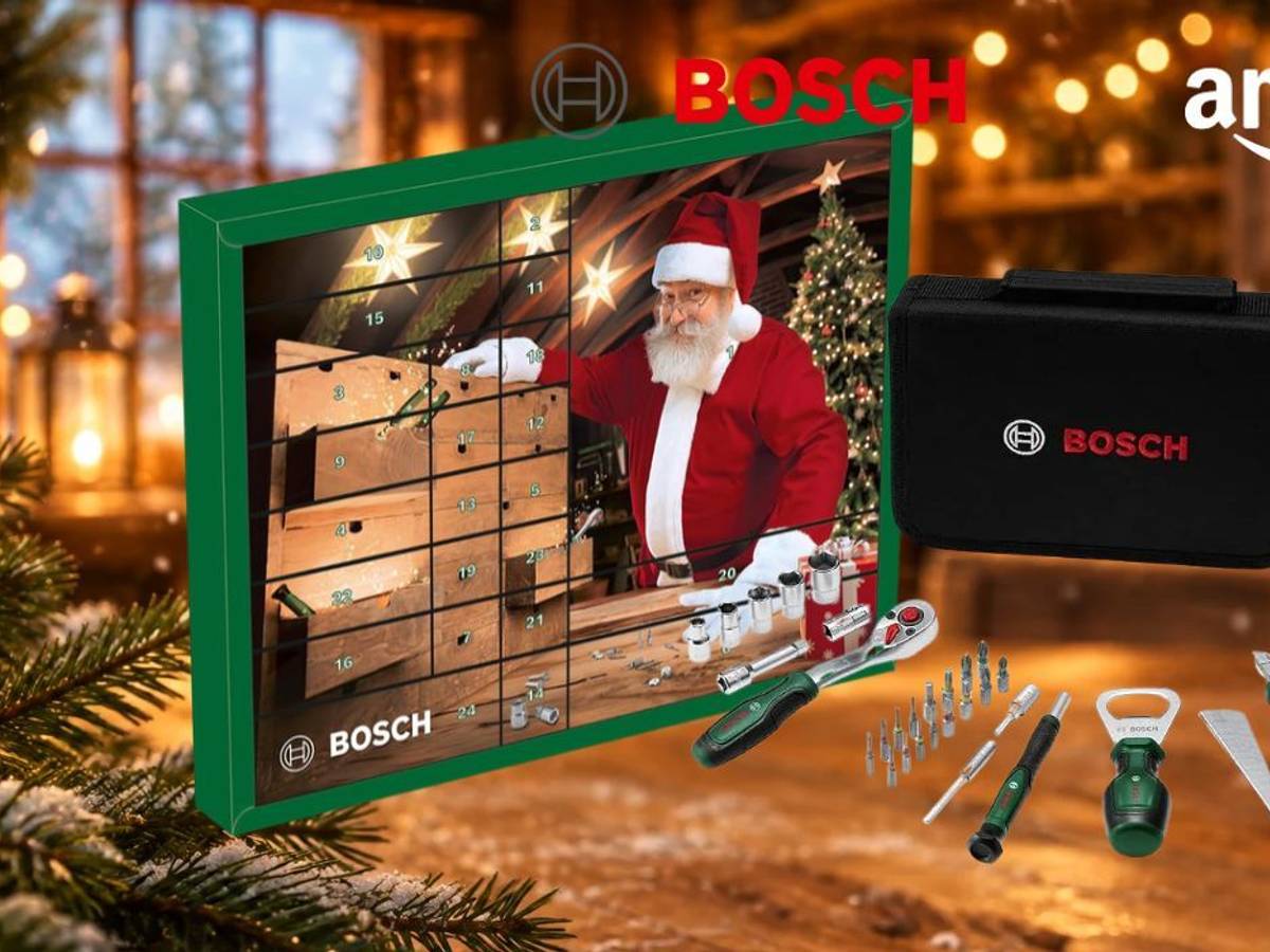 Bosch Adventskalender 2026 in Grün mit Weihnachtsmann an einer Werkbank, davor Aufbewahrungstasche, Ratsche, Bits, Präzisions-Schraubendreher, Flaschenöffner, Cu