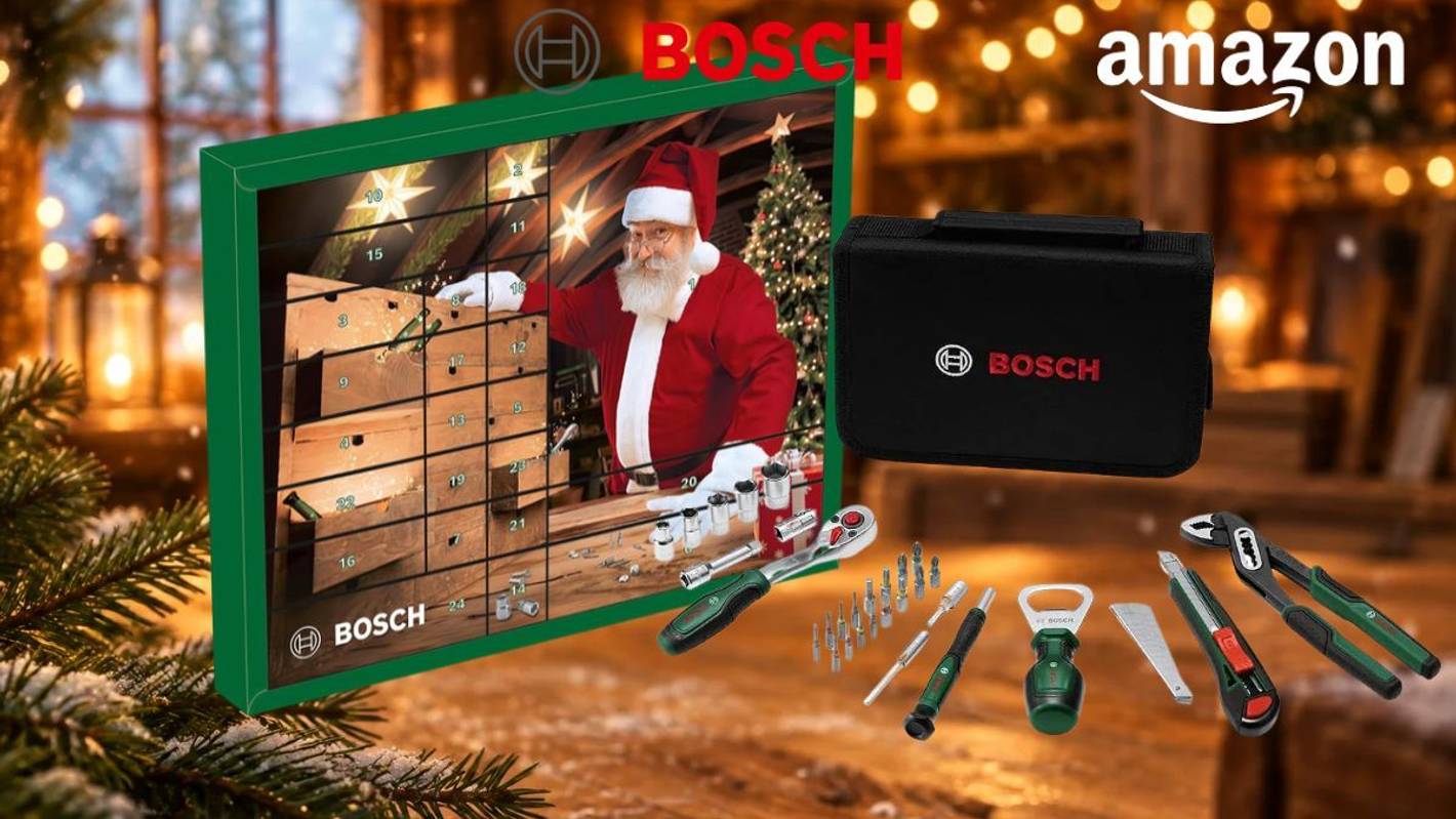 Bosch Adventskalender 2026 in Grün mit Weihnachtsmann an einer Werkbank, davor Aufbewahrungstasche, Ratsche, Bits, Präzisions-Schraubendreher, Flaschenöffner, Cu
