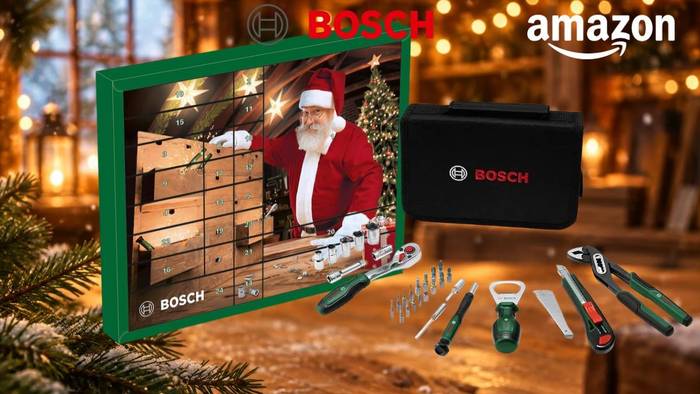 Bosch Adventskalender 2026 in Grün mit Weihnachtsmann an einer Werkbank, davor Aufbewahrungstasche, Ratsche, Bits, Präzisions-Schraubendreher, Flaschenöffner, Cu