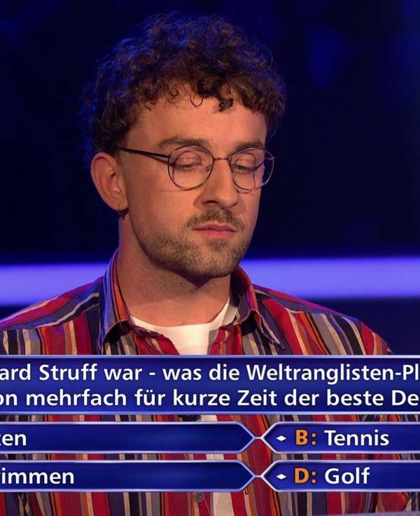 Die Frage nach Jan-Lennard Struff brachte Kandidat Ruben Jochem in Schwierigkeiten - und bescherte „Wer wird Millionär?“ und Quizmaster Günther Jauch ein Novum. (Bild: RTL)