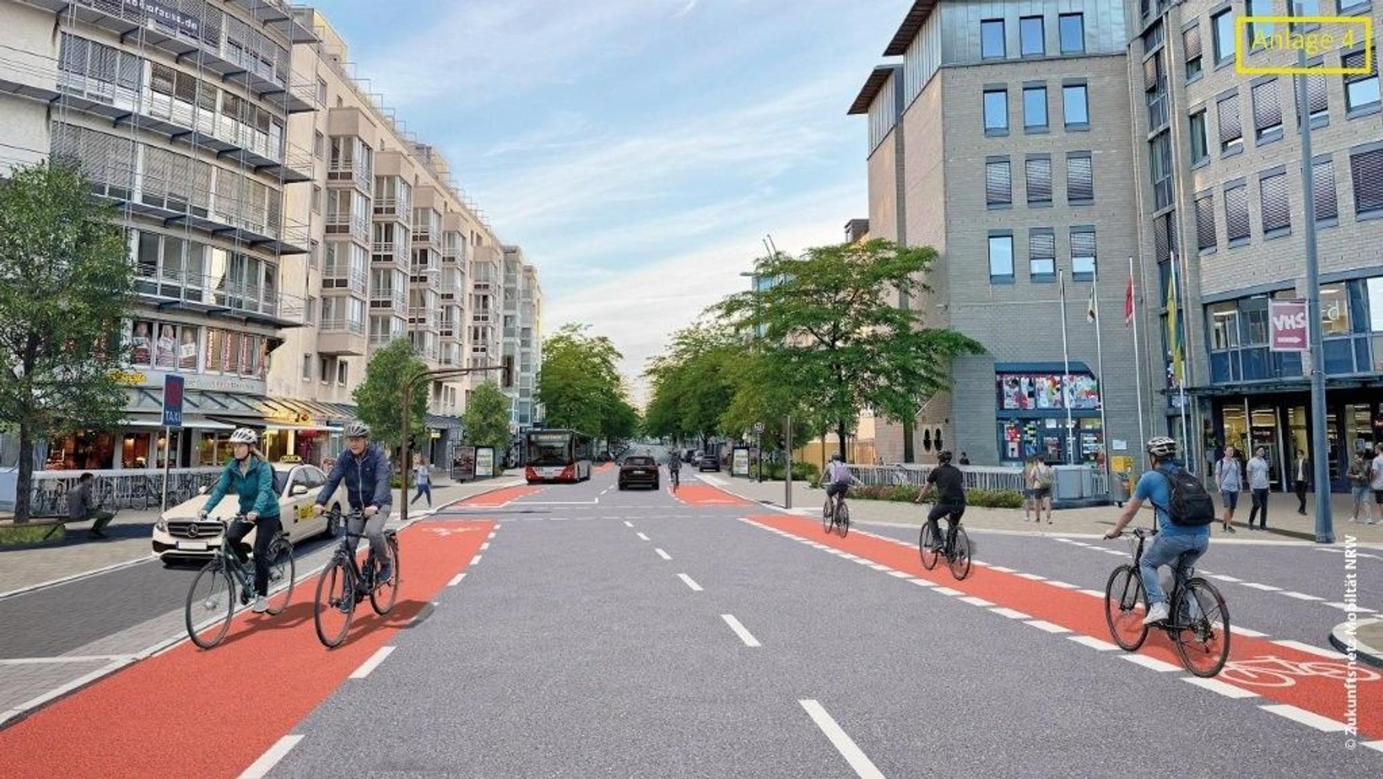 Die Visualisierung zeigt die geplante Umgestaltung des Verkehrsraums an der Haltestelle Neusser Straße/Gürtel in Nippes.