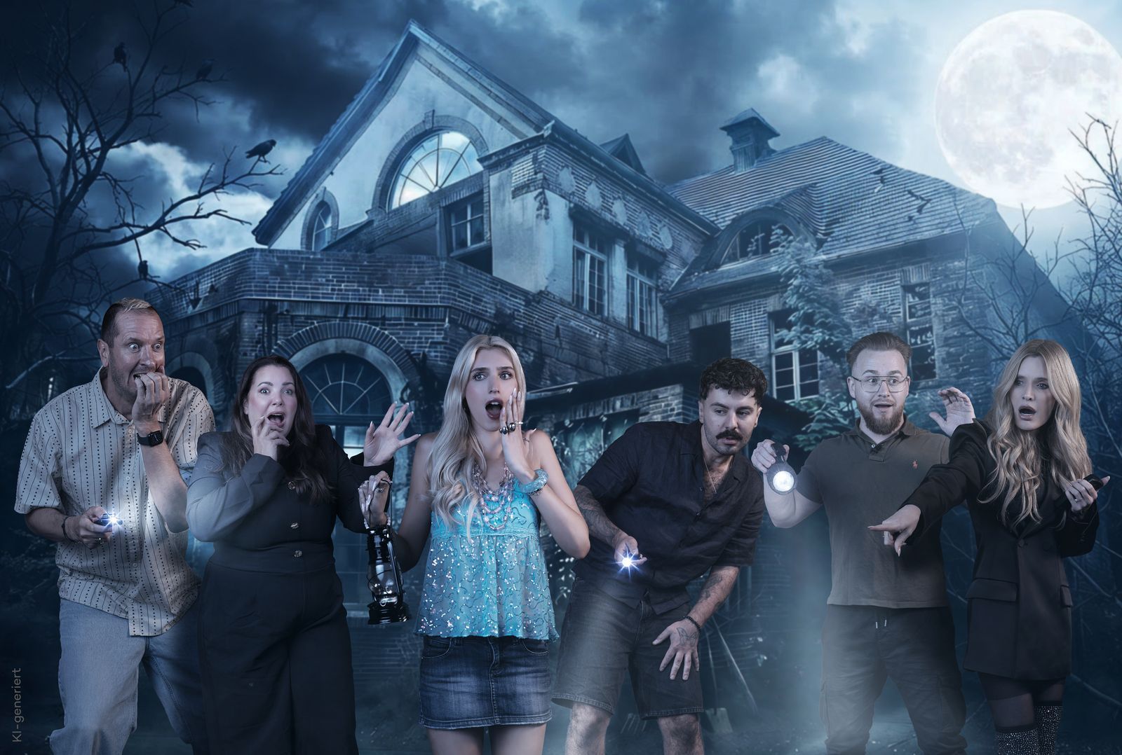 Diese sechs Promis stellen sich in der neuen Show „In the Dark - Wer übersteht die Nacht?“ dem Grusel-Experiment (von links): Pascal Hens, Paula Lambert, Juna Klee, Sanijel Jakimovski, Karsten Robert und Mirja Du Mont. (Bild: Joyn/ Johanna Sustmann)