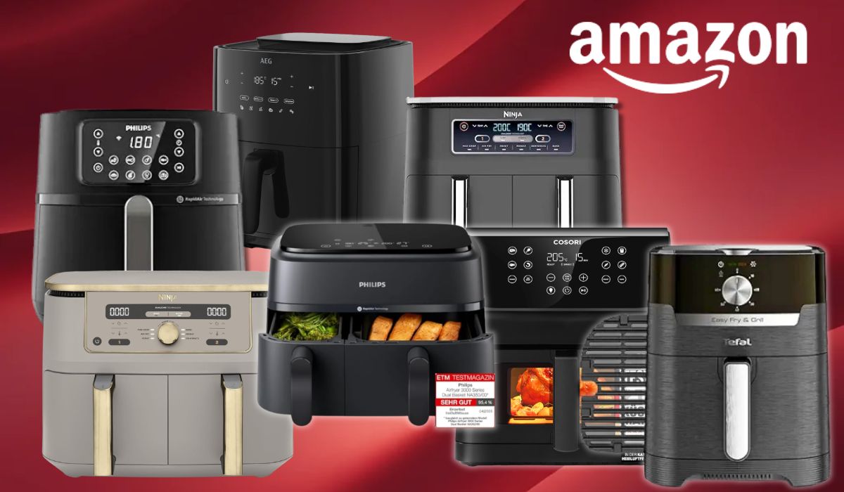 Verschiedene Airfryer von Cosori, Tefal, Ninja und Philips vor einem roten Hintergrund.