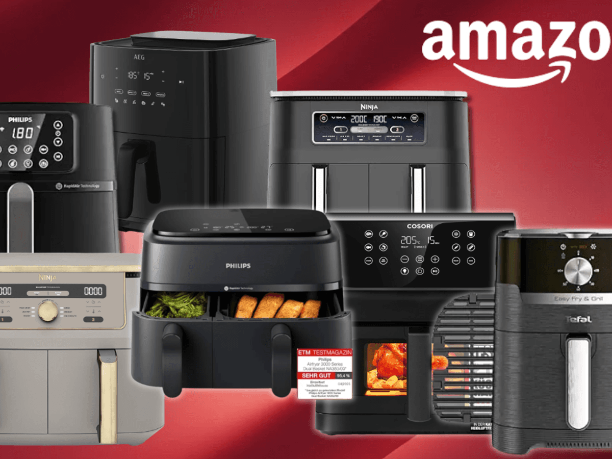 Verschiedene Airfryer von Cosori, Tefal, Ninja und Philips vor einem roten Hintergrund.