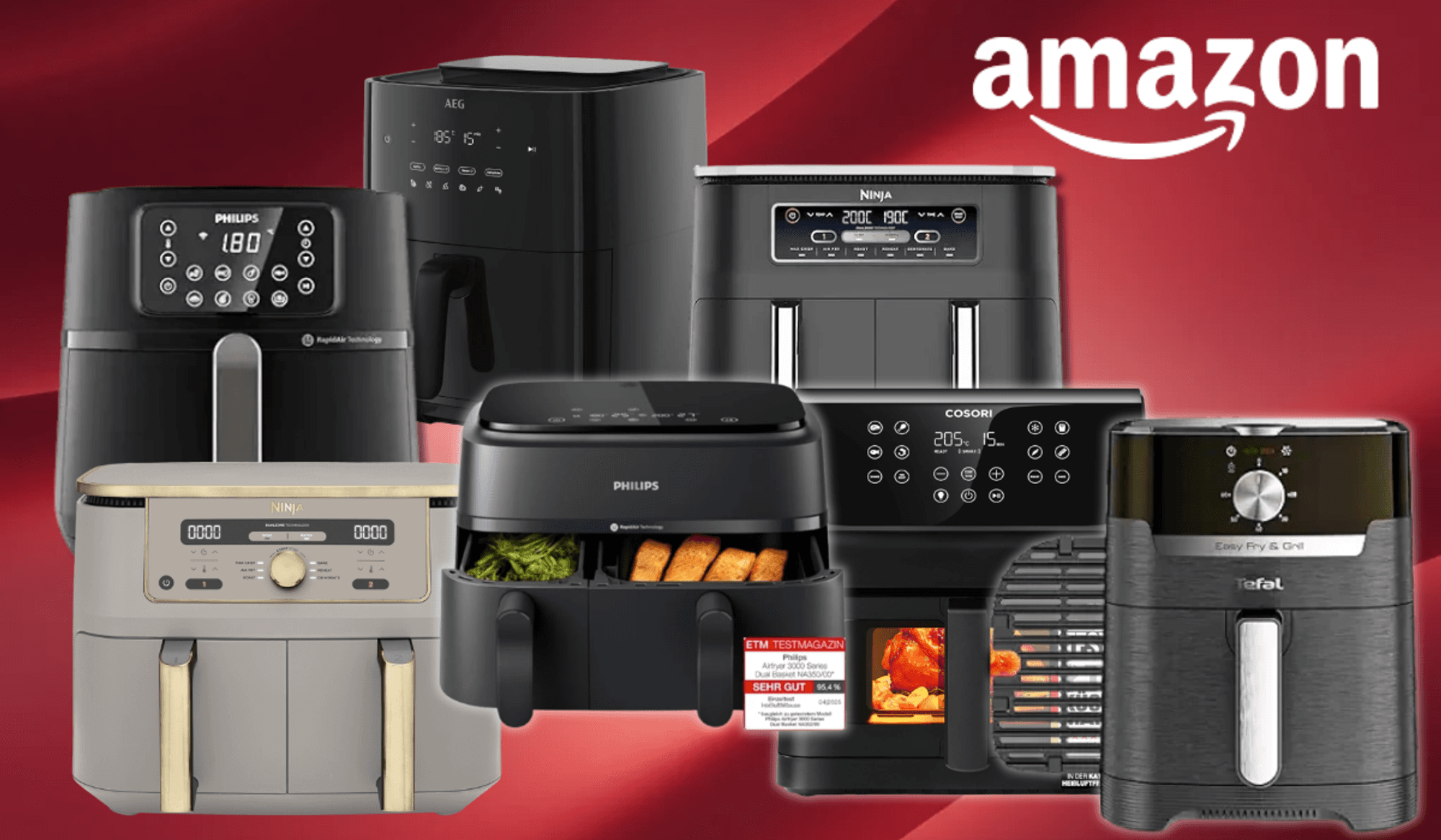 Verschiedene Airfryer von Cosori, Tefal, Ninja und Philips vor einem roten Hintergrund.