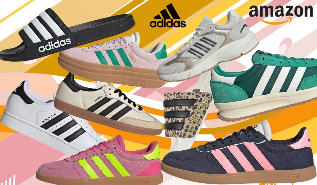 Verschiedene adidas Sneaker Modelle und adiletten vor einem bunten Hintergrundbild.