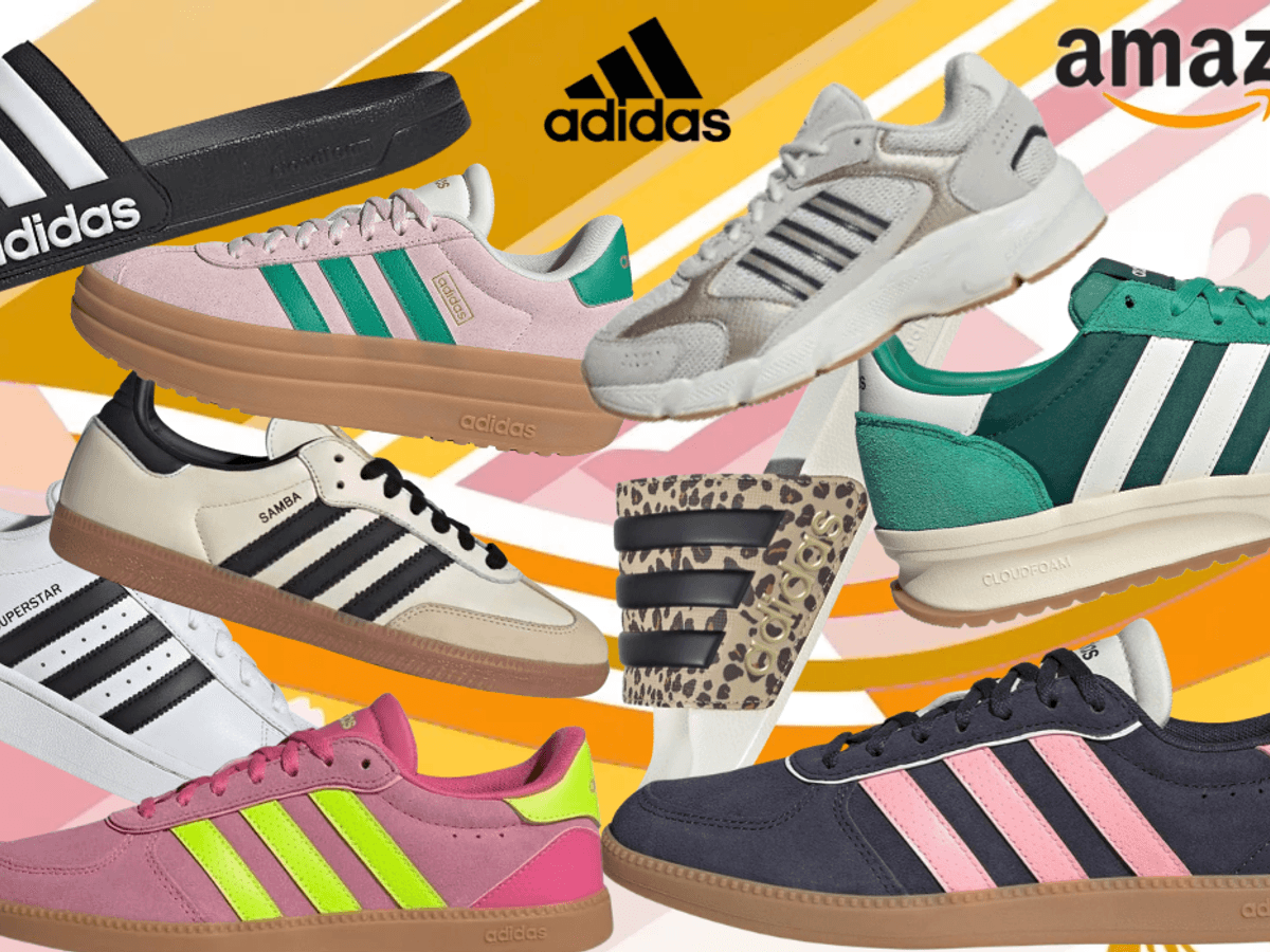 Verschiedene adidas Sneaker Modelle und adiletten vor einem bunten Hintergrundbild.