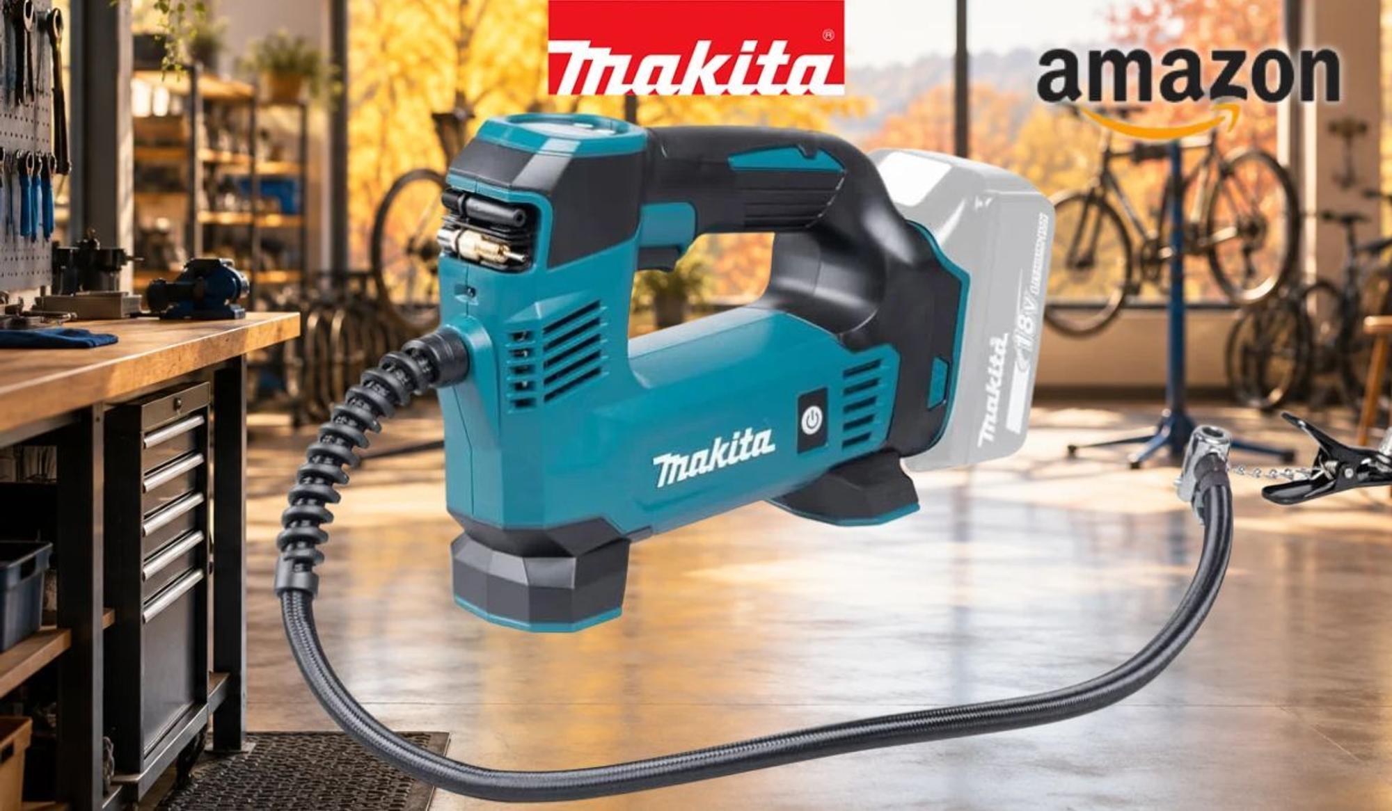 Makita DMP180Z Akku-Kompressor vor Fahrradwerkstatt im Hintergrund.