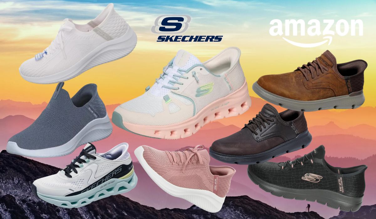 Verschiedene Modelle der Skechers Slip-Ins Sneaker vor einem bunten Hintergrund.