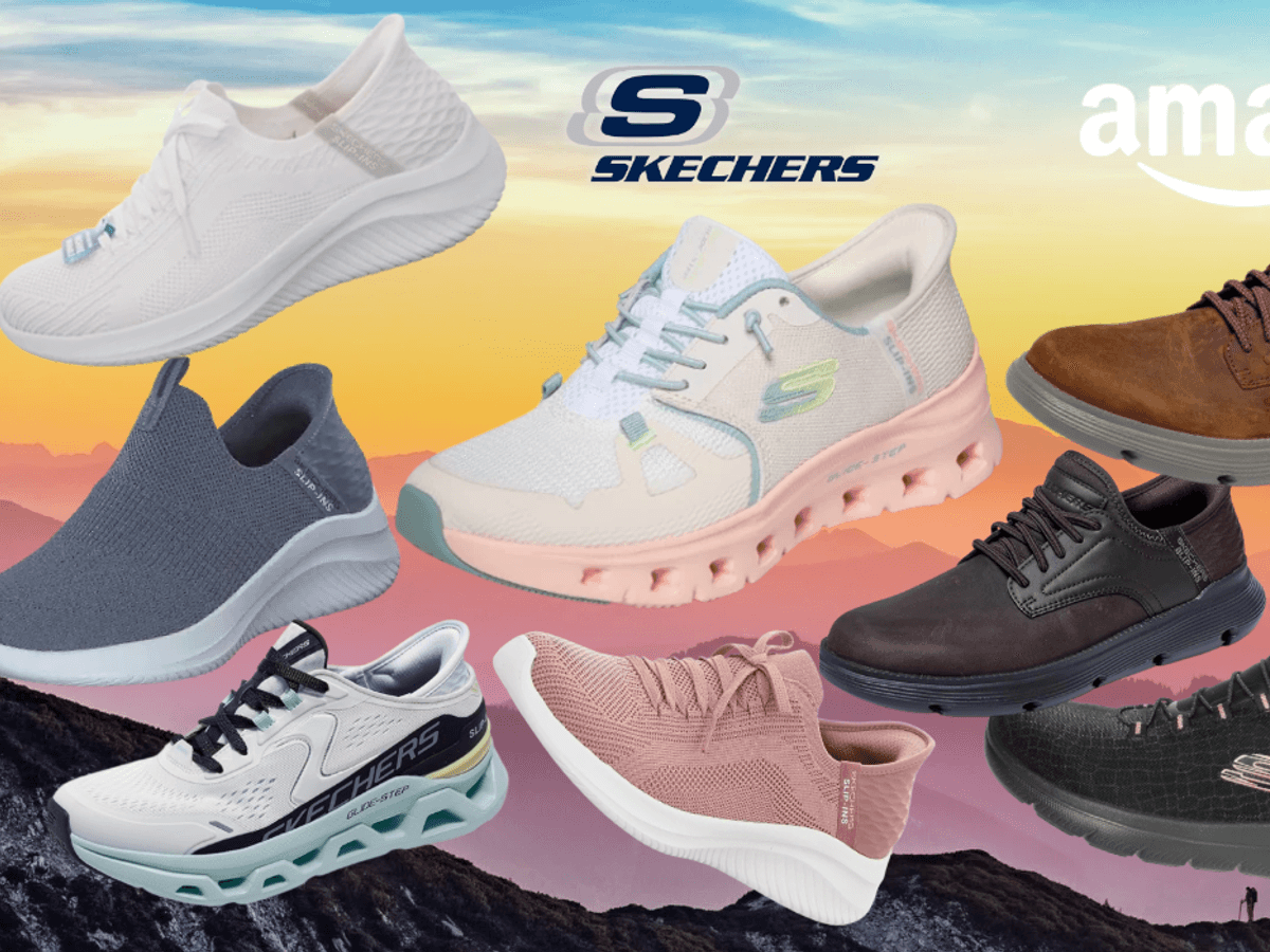 Verschiedene Modelle der Skechers Slip-Ins Sneaker vor einem bunten Hintergrund.