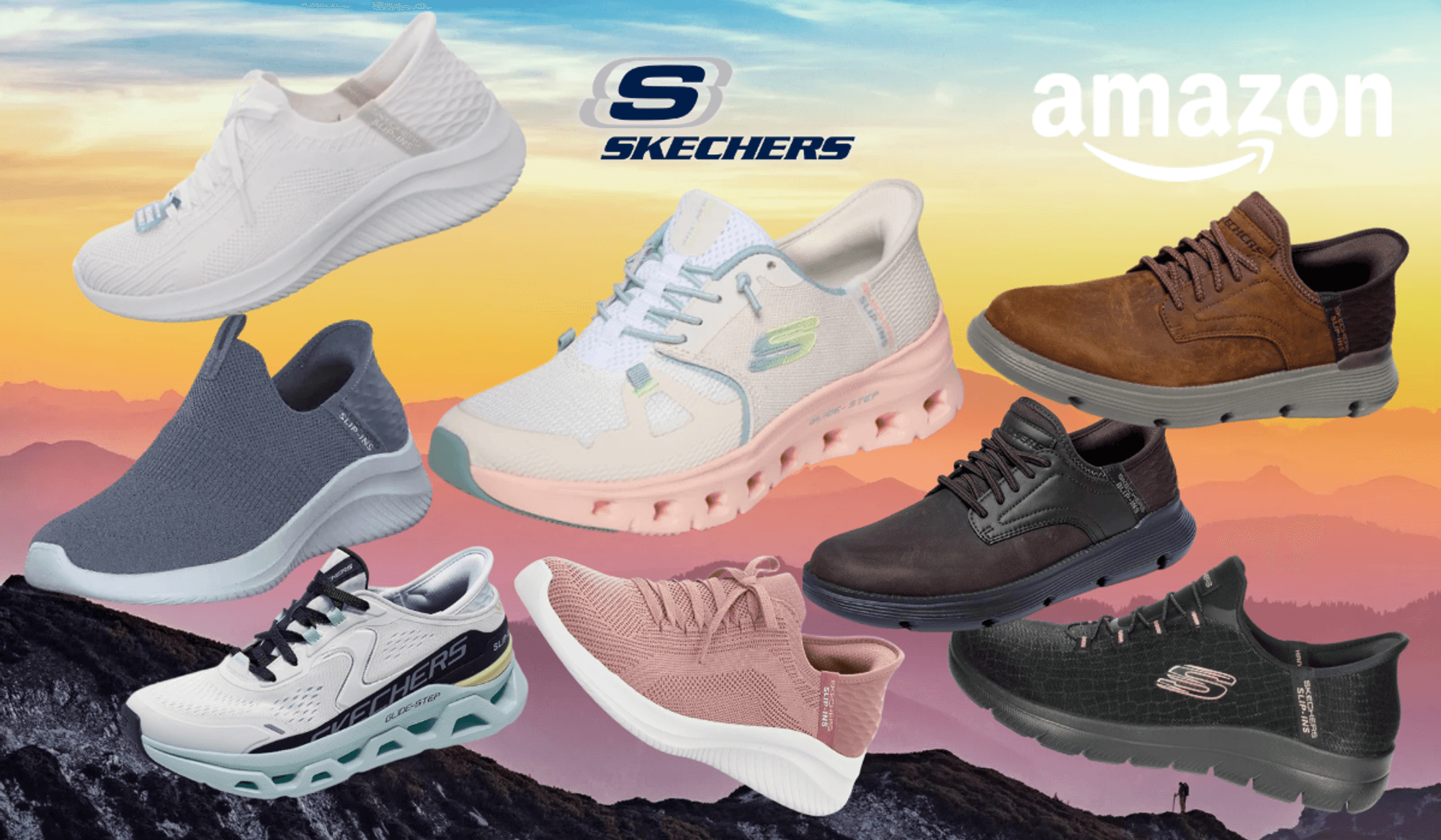 Verschiedene Modelle der Skechers Slip-Ins Sneaker vor einem bunten Hintergrund.