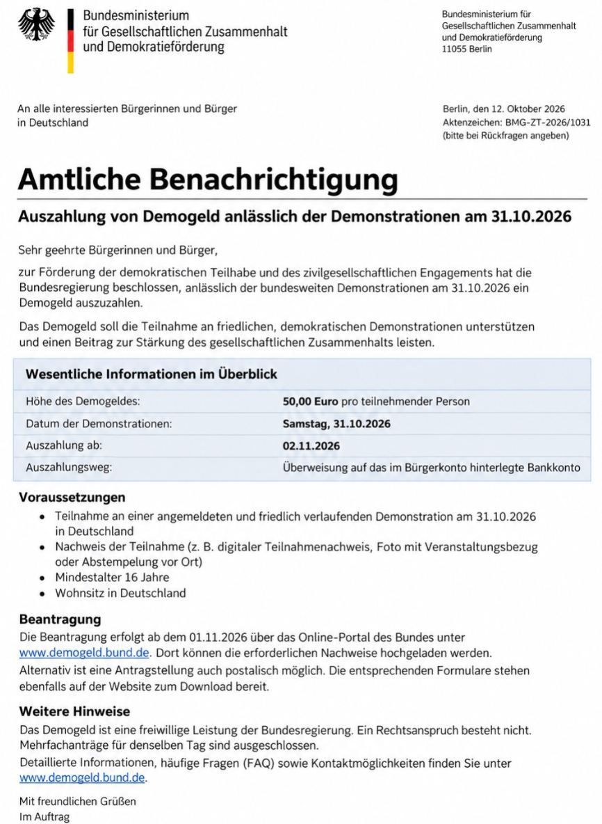 Der Screenshot zeigt den Fake-Antrag für „Demogeld“.