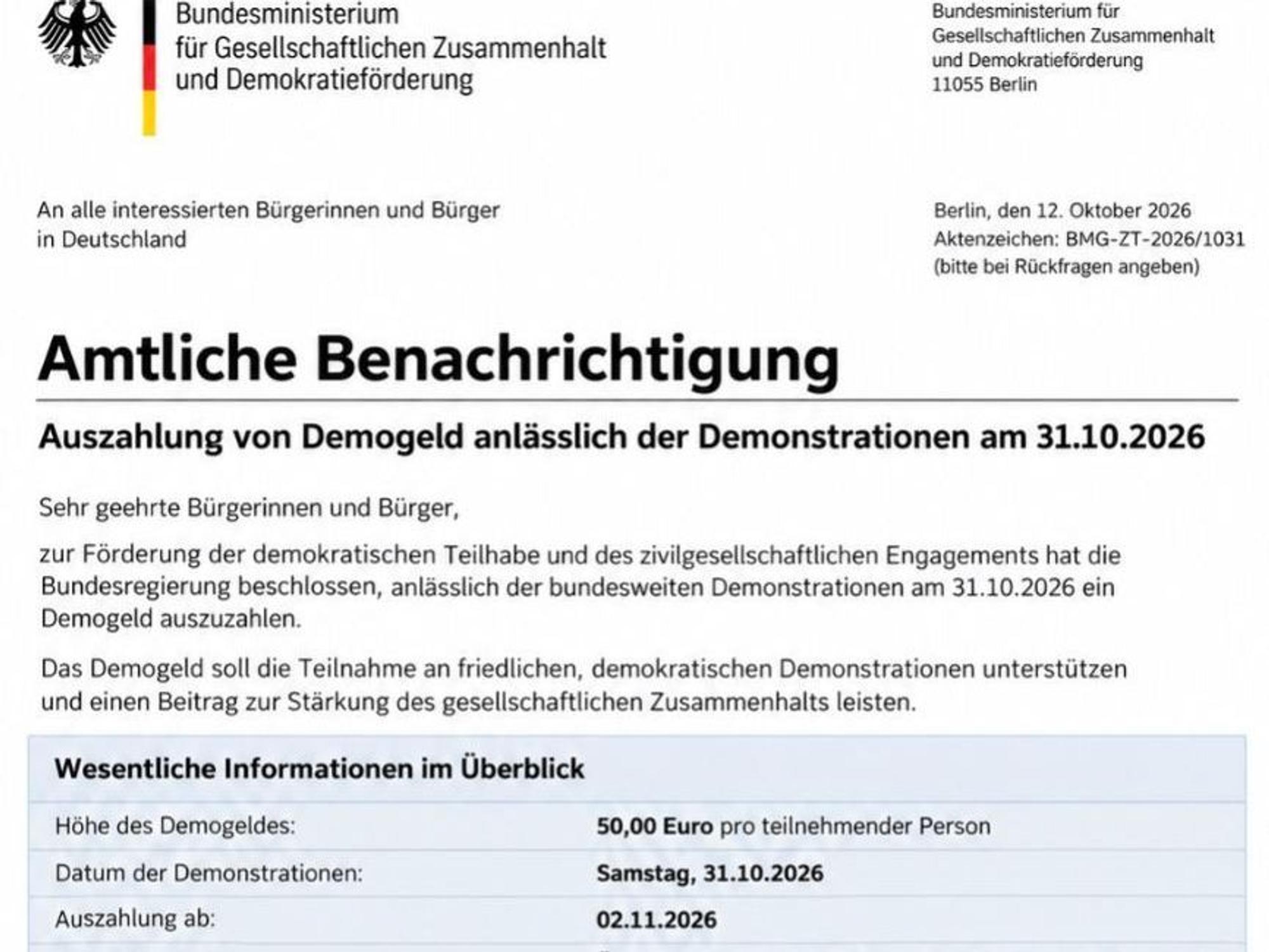 Der Screenshot zeigt den Fake-Antrag für „Demogeld“.