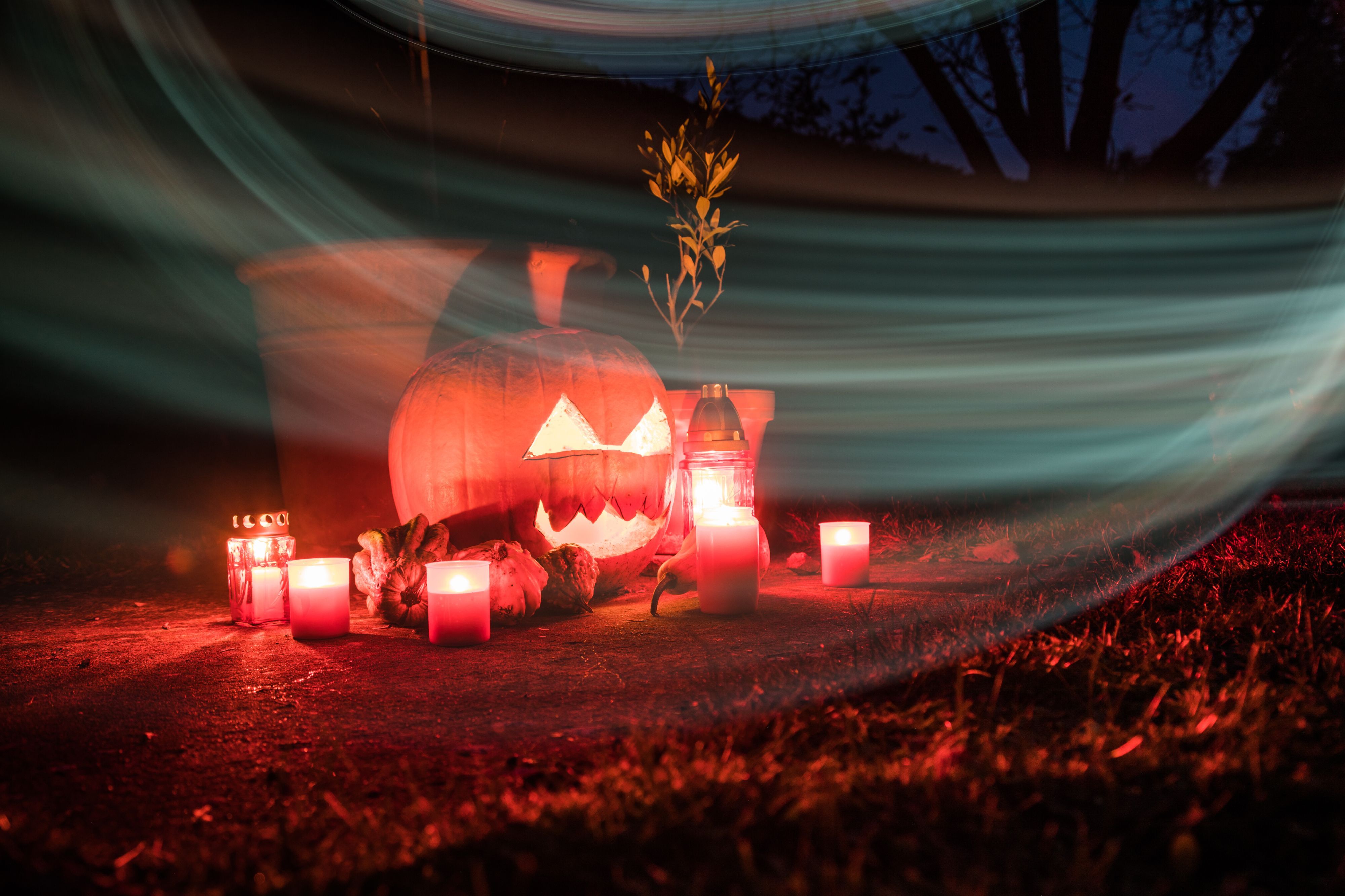 Um einen beleuchteten Halloween-Kürbis stehen Kerzen.