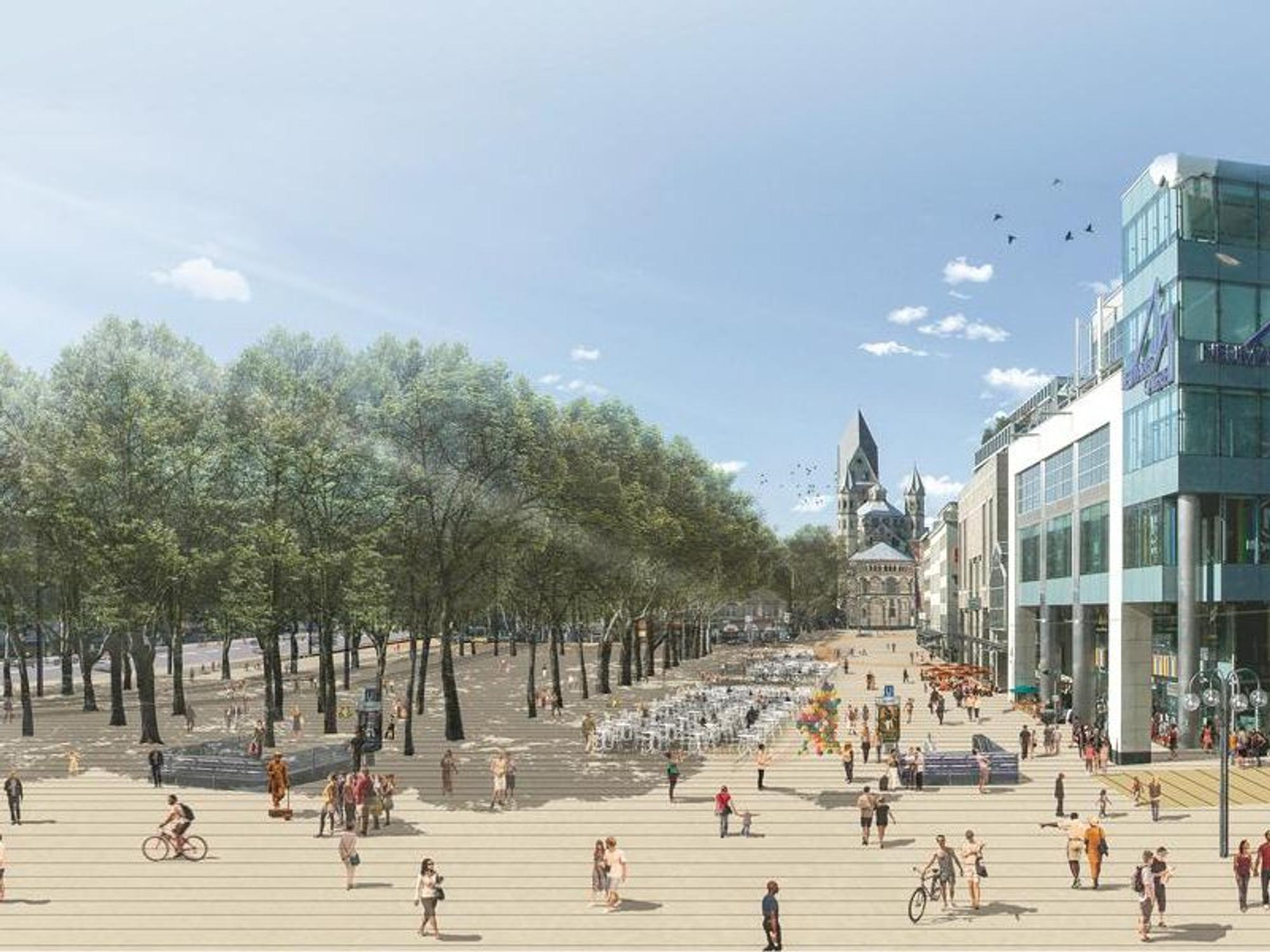 Eine Grafik des Neumarkts in Köln mit einer erweiterten Fußgängerzone.
