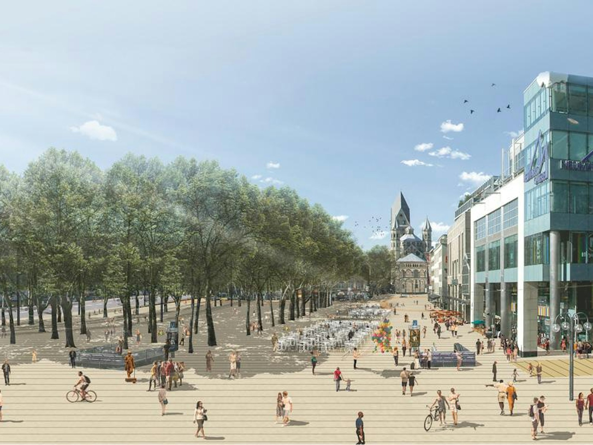 Eine Grafik des Neumarkts in Köln mit einer erweiterten Fußgängerzone.