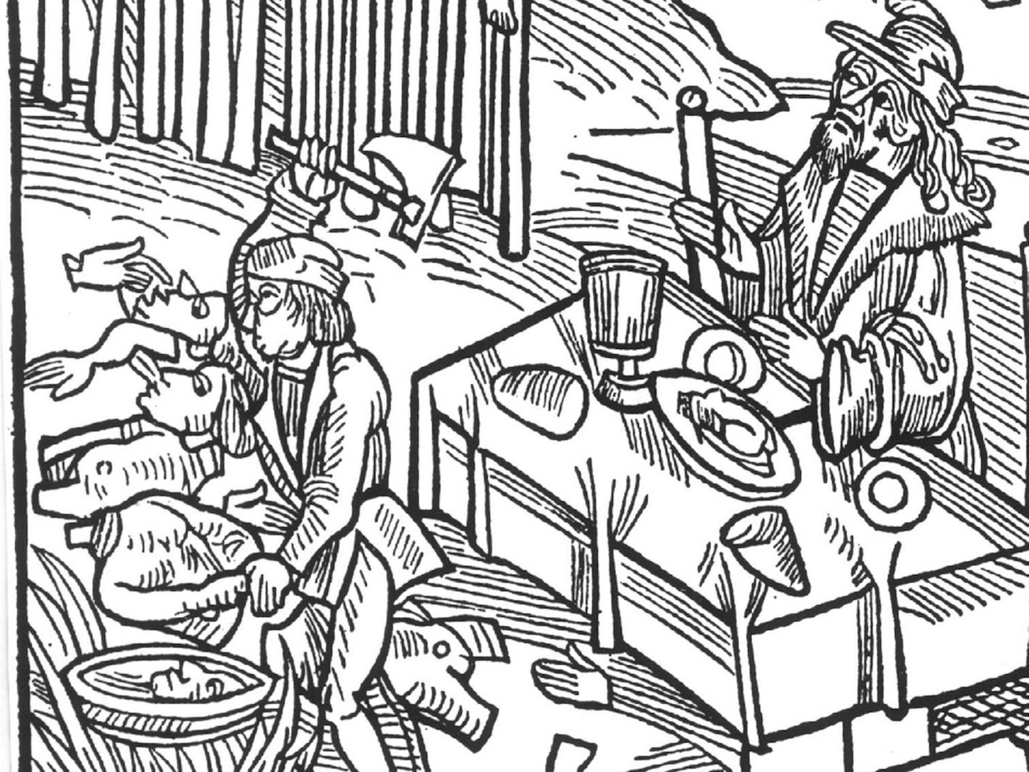 Der Holzschnitt zeigt Vlad III. beim Essen, während seine Henker Opfer pfählen.