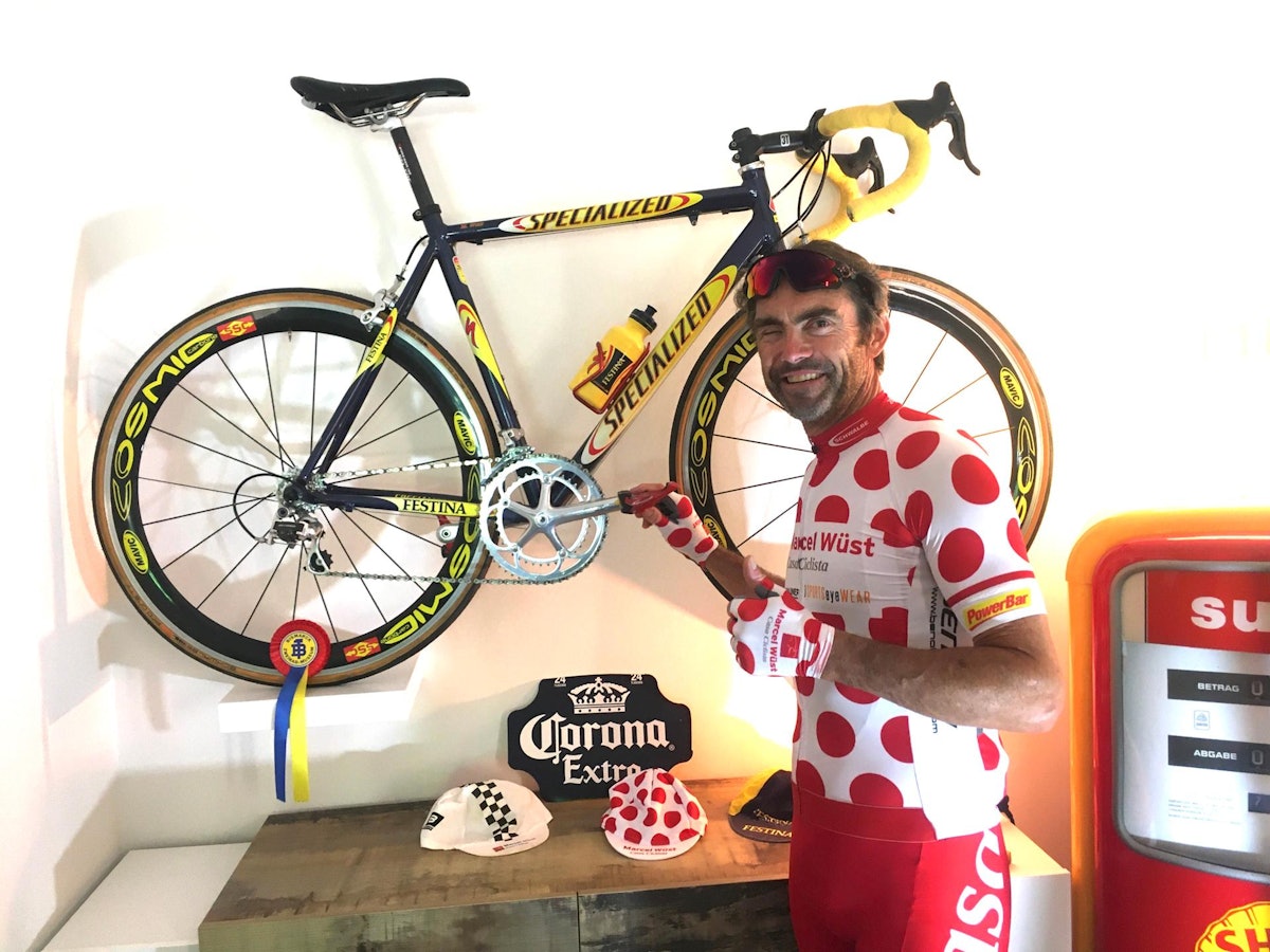 Marcel Wüst mit dem gepunkteten Trikot des besten Bergfahreres bei der Tour de France.