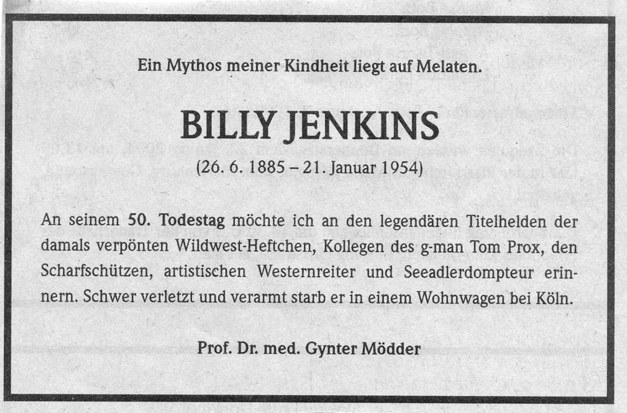 Zum 50.sten Todestag: Die Gedenkanzeige eines Kölner Billy-Jenkins-Fans