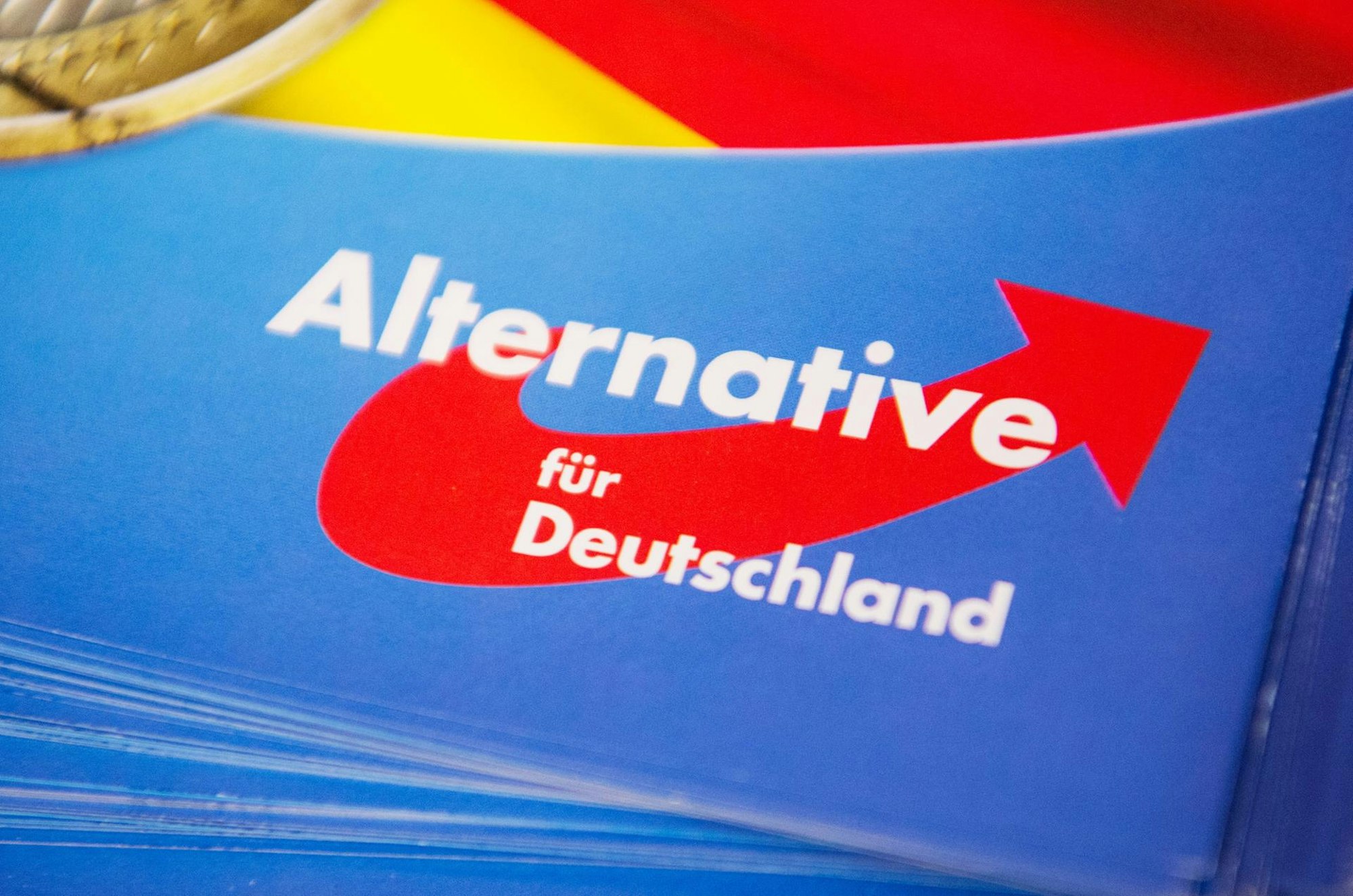 Ein Stapel mit Karten mit dem Logo der AfD.