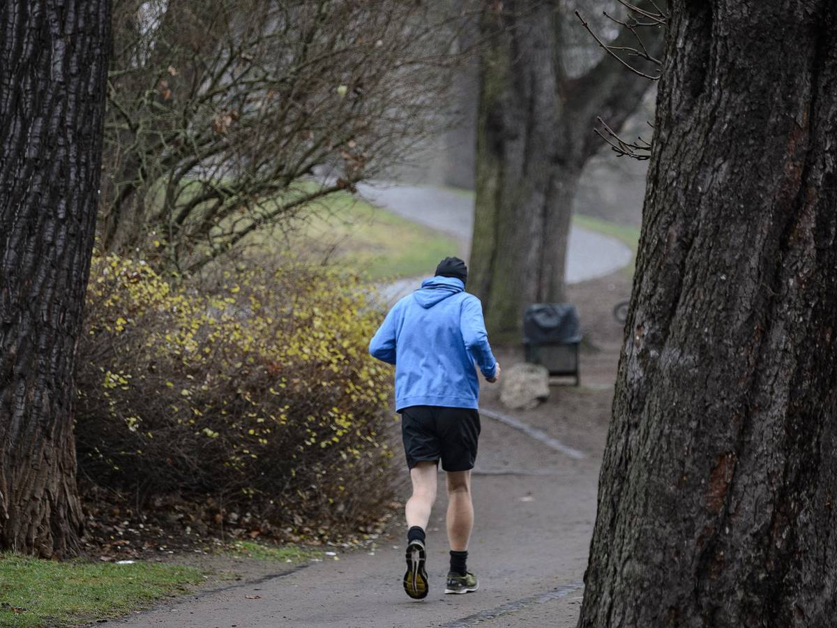 Ein Jogger läuft durch einen Park.