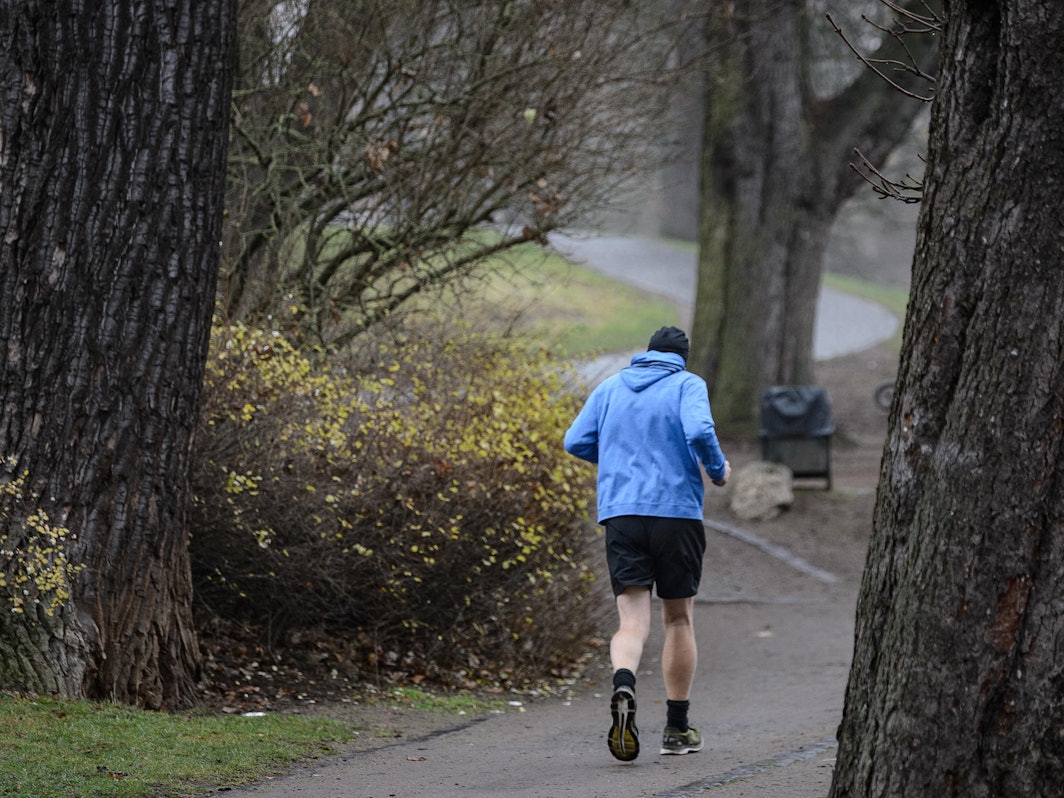 Ein Jogger läuft durch einen Park.